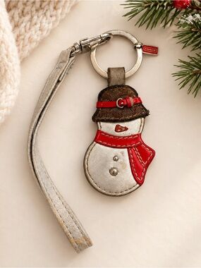 Vintage Coach Snowman Keychain Bag Charm Silver Leather Signature Hat Red Scarf
